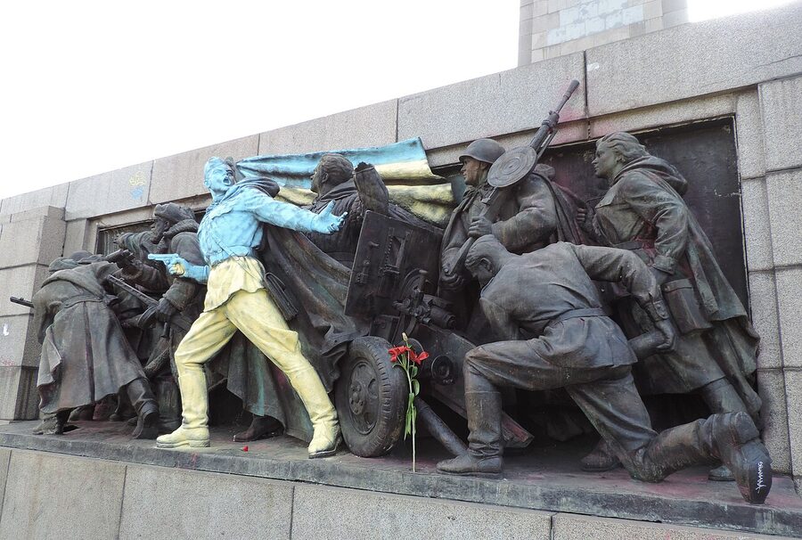 Soviet Army Monument Sofia painted in Ukrainian colours, February 2014