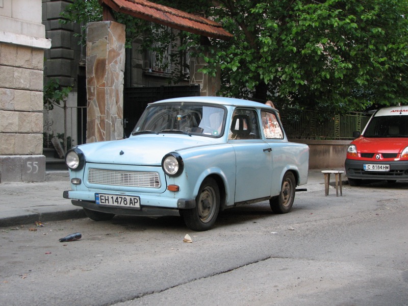 Blue Trabant 601 communist-era East German car parked in Sofia