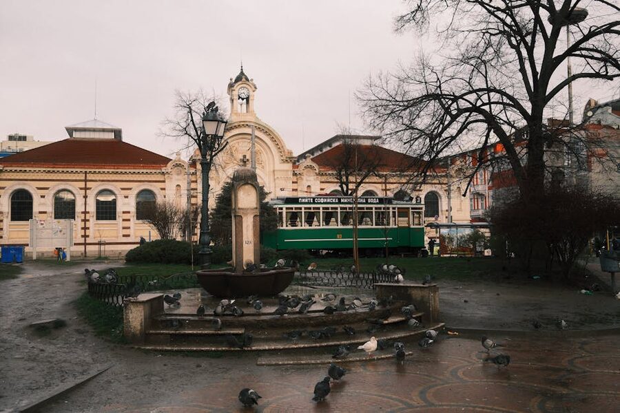Vintage tram and pigeons near the Sofia Central Market Hall