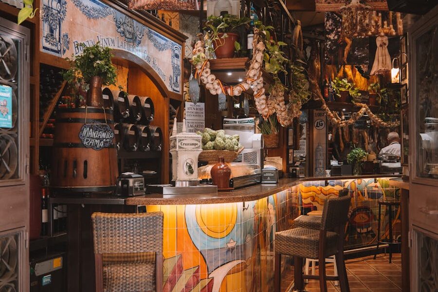 Spanish tile bar interior with rustic decor
