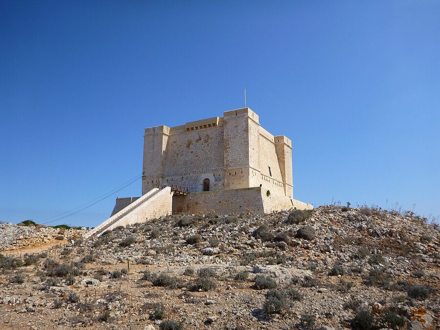 St Mary's Tower on Comino, a 1618 watchtower with limestone walls