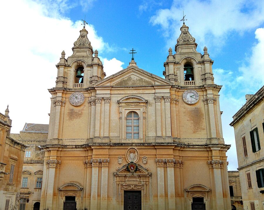 St Paul's Cathedral exterior in Mdina cathedral square, Malta