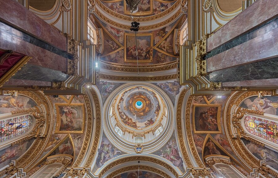 Painted ceiling and altar inside St Paul's Cathedral, Mdina, Malta