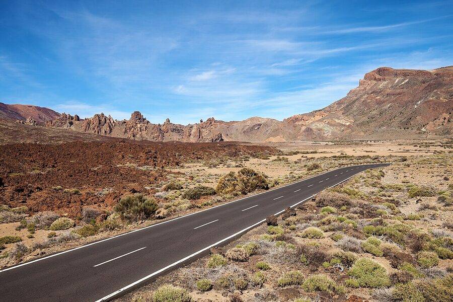 The Caldera Las Canadas with Roques de Garcia and the TF-21 road in Teide National Park