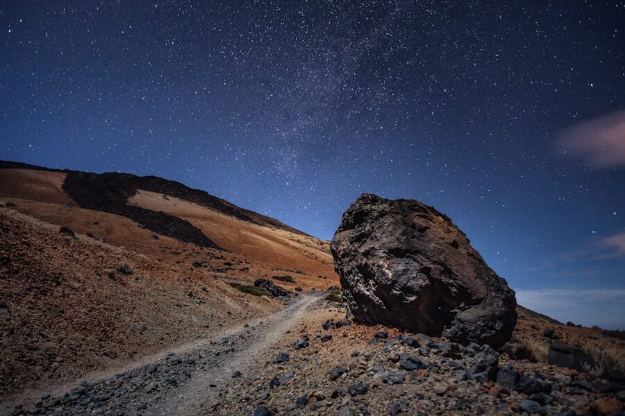 Milky Way over a rocky path in Tenerife