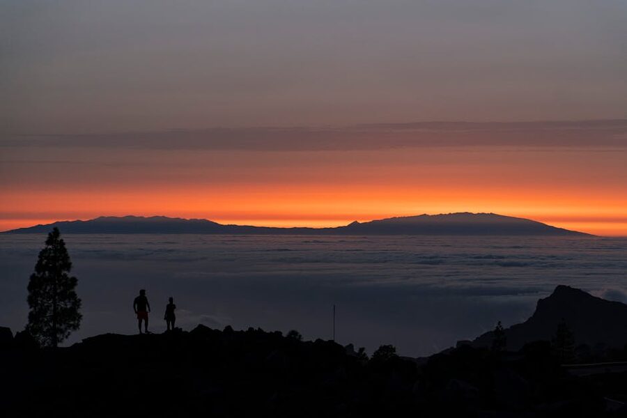 Two silhouetted figures on a Tenerife mountain peak with a cloud sea below them