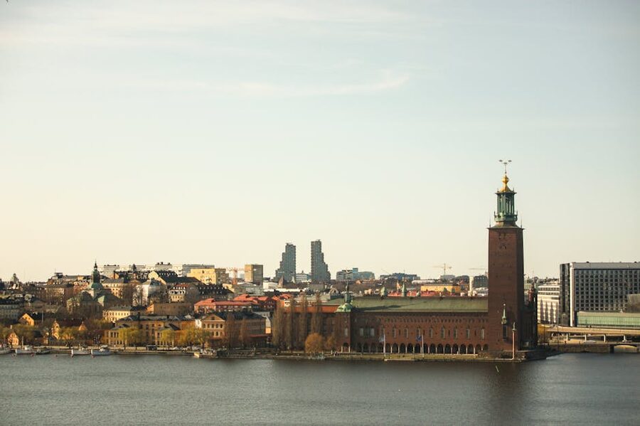 Aerial view of Stockholm City Hall and skyline over Riddarfjarden Bay