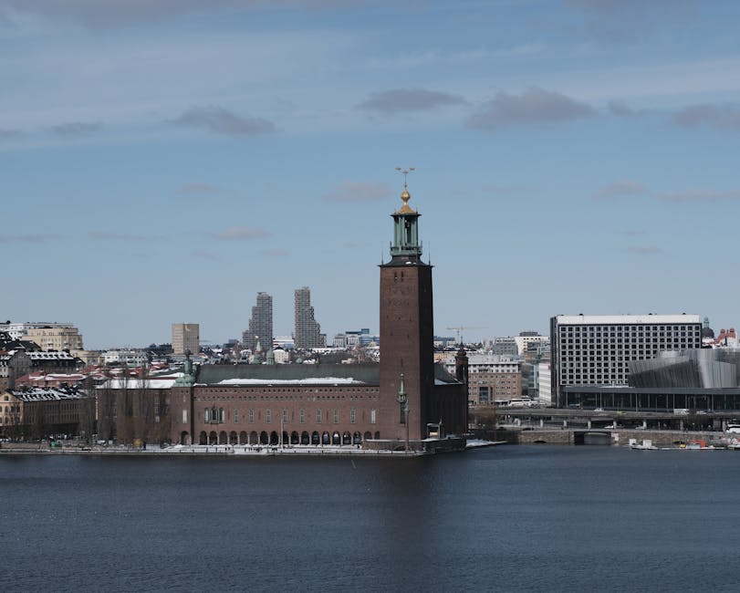 Stockholm City Hall on a clear winter day by the waterfront