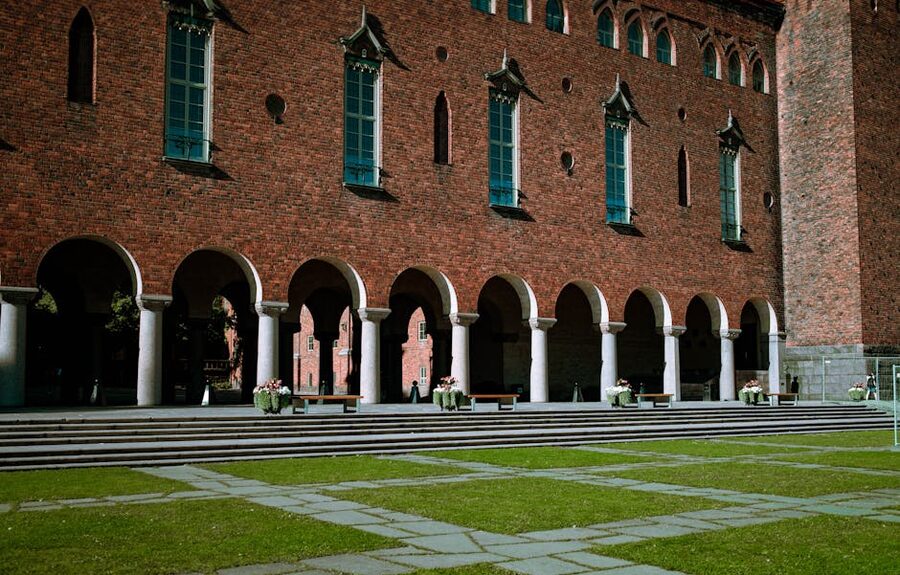 Stockholm City Hall brick arches and columns from the park