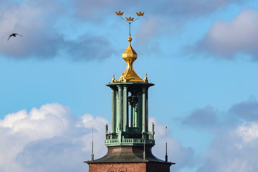 Three Crowns gilded top of Stockholm City Hall tower