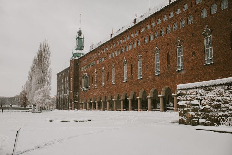Stockholm City Hall covered in fresh winter snow