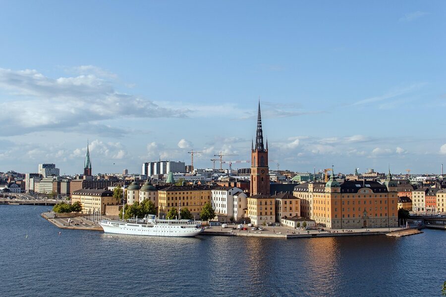 Stockholm historic center with City Hall and ferries