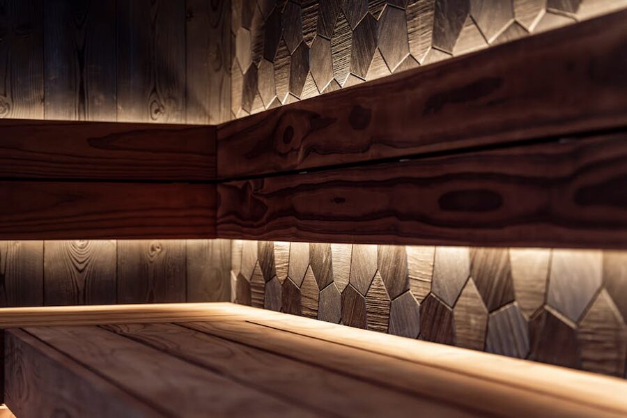 Wood-panelled sauna interior at Therme Bucharest