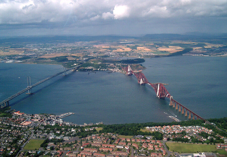 The three Forth Bridges side by side seen from the south shore