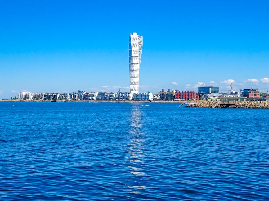 Turning Torso skyscraper in Malmo from across the water