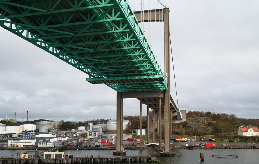 Looking up at the Alvsborg suspension bridge from the water in Gothenburg