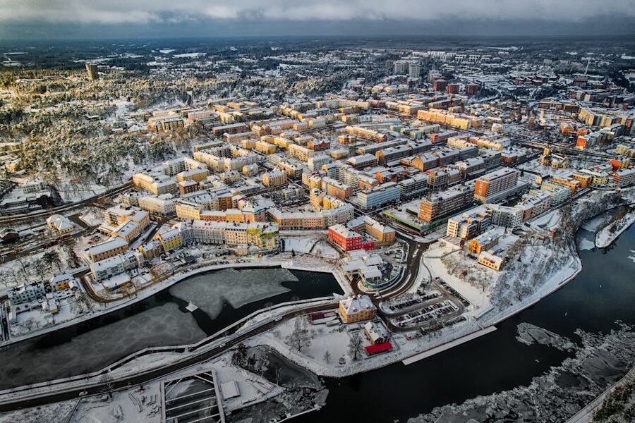 Uppsala aerial snow winter cityscape
