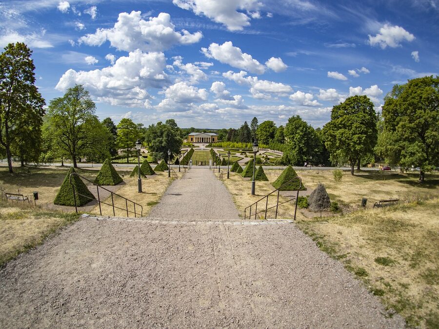 Uppsala botanical garden in summer with park and city view
