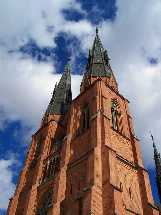 Uppsala Cathedral twin towers seen from below