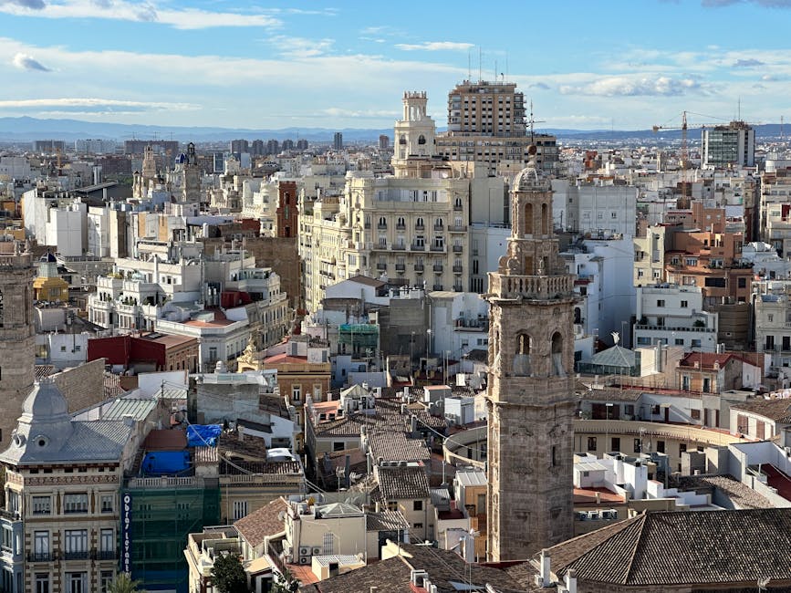 Aerial view of Valencia historic centre with cathedral and orange-roof buildings