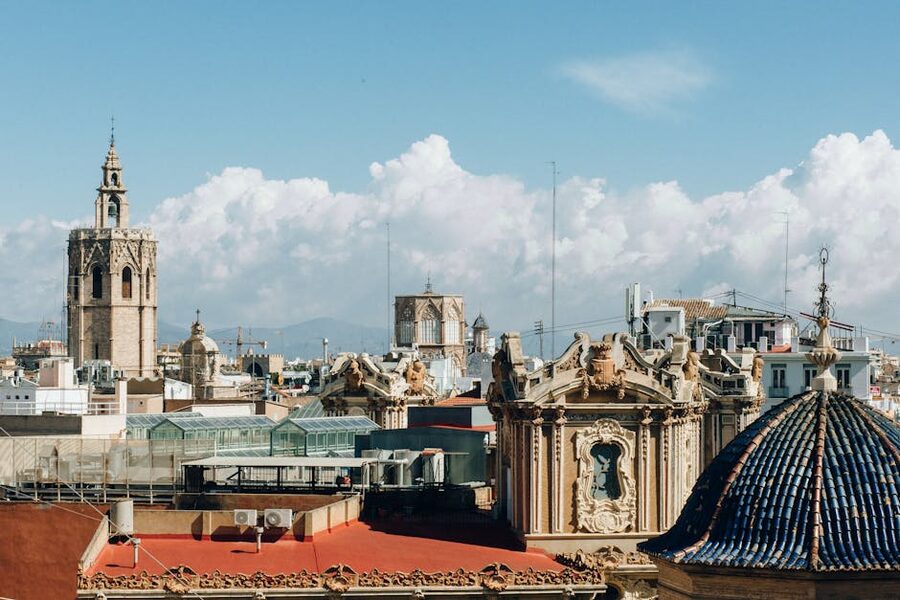 Valencia old town Ciutat Vella historic skyline with cathedral towers