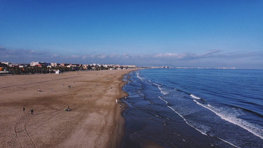 Valencia coastline aerial view with beach and city skyline