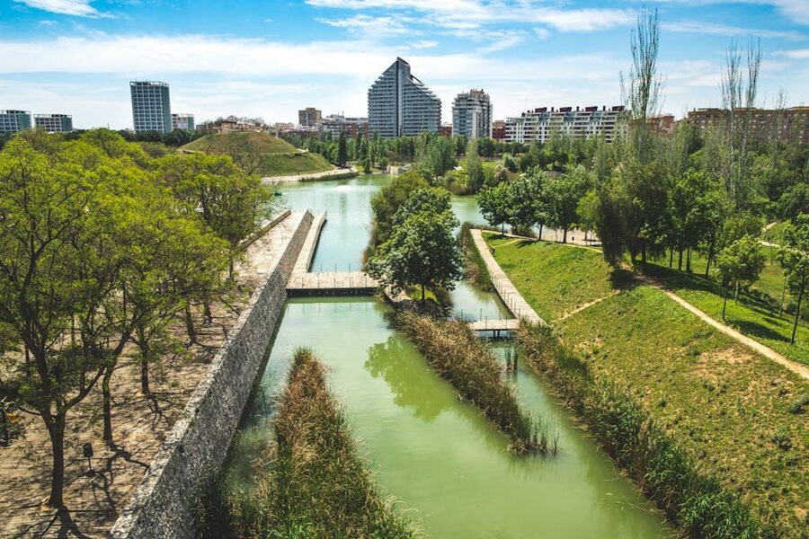 Valencia Turia Gardens dry riverbed park aerial view