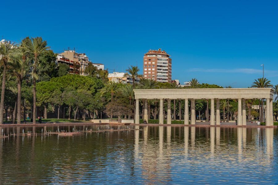 Valencia Turia Gardens park view with old town towers