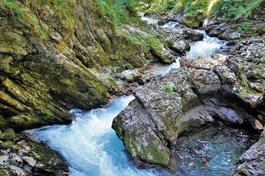 The Vintgar Gorge wooden boardwalk through a Julian Alps canyon