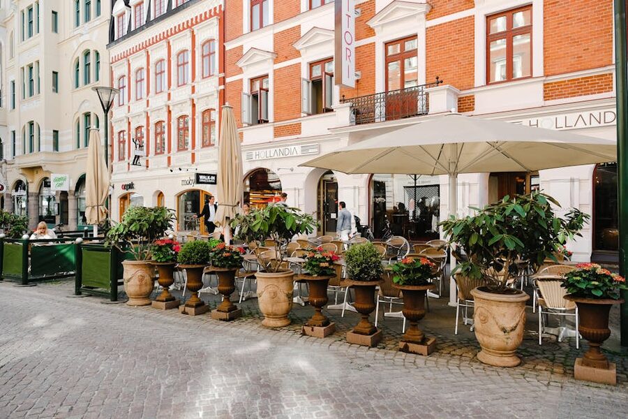 Cafe terrace at Lilla Torg Malmö with outdoor seating