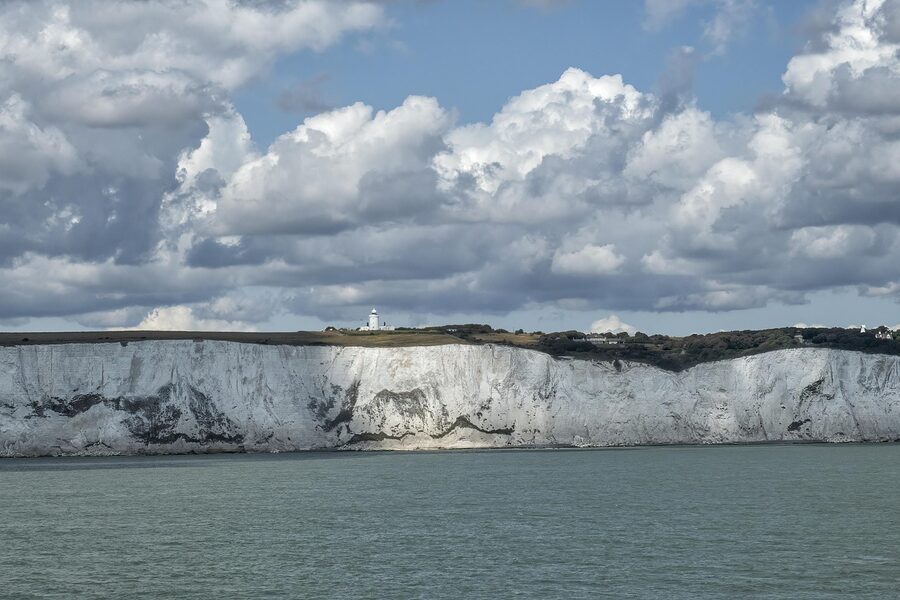 White Cliffs of Dover with lighthouse on the headland