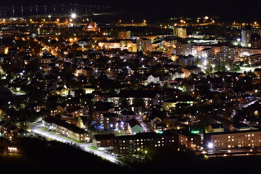 Kiruna town centre at night with snow
