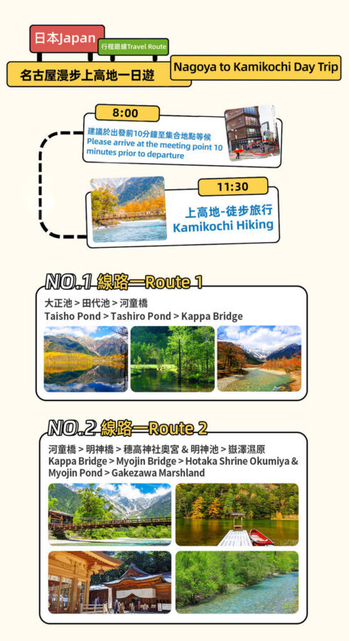 Nagoya Kamikochi Hiking Tour: One-Day Nature Forest Hiking Tour of Kamikochi & Taisho Pond & Tashiro Pond & Kappa Bridge & Myojin Pond & Hotaka Mountain Range & Hotaka Shrine Okumiya (Departure from Nagoya) - Taisho Pond starts the easiest walk