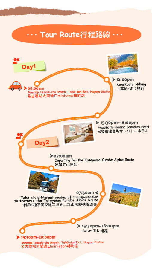 Tateyama Kurobe Autumn Foliage Two-Day Tour | Tateyama Kurobe Alpine Route & Hidden Gem Kamikochi Nature Exploration | Departing from Nagoya - Two Kamikochi walks, two different days